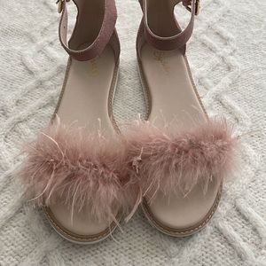 SEYCHELLES SUEDE RUFFLED A FEW FEATHERS ANKLE STRAP FLAT SANDALS